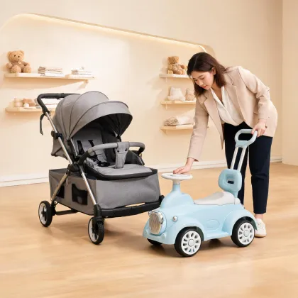 Product planner arranging stroller and ride-on samples
