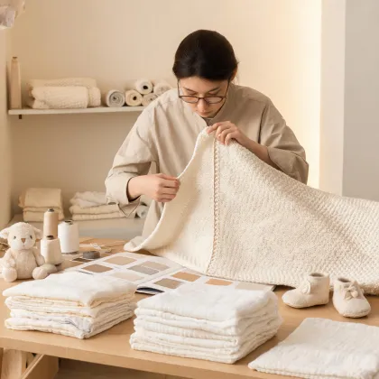 Textile specialist checking baby blanket seams