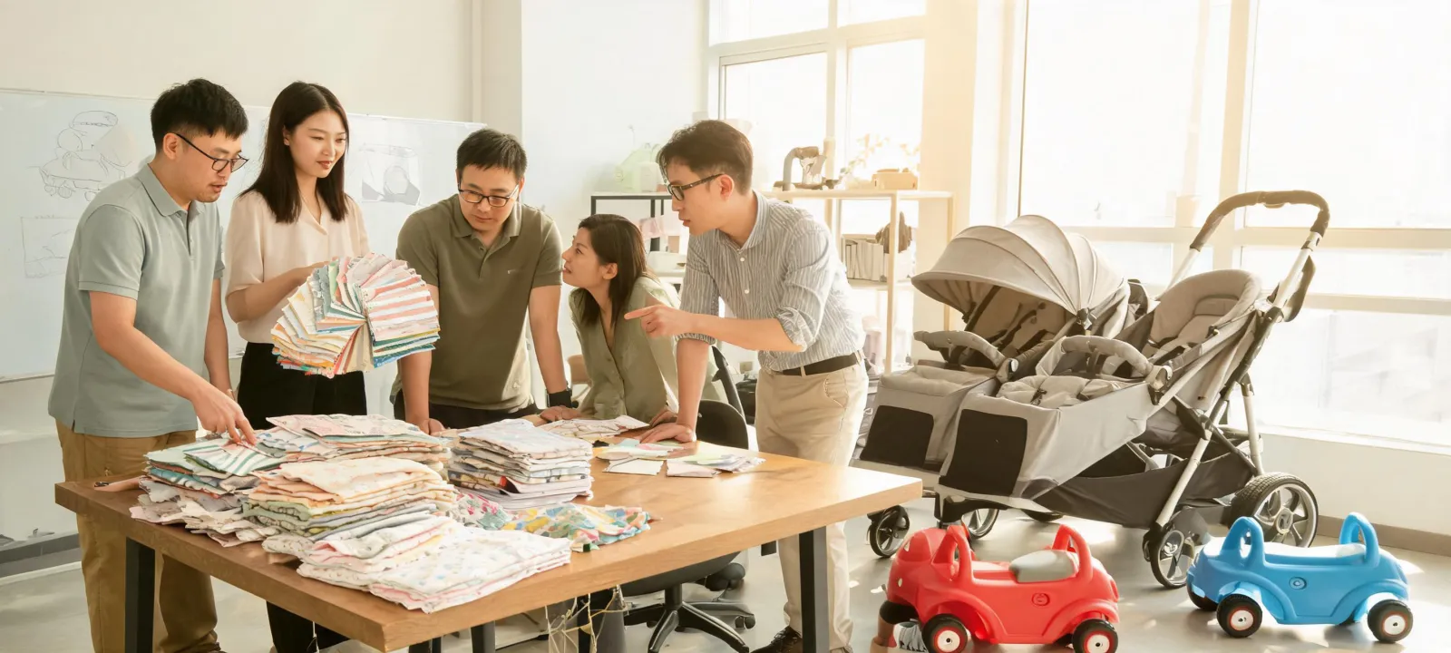 Baby Trend team reviewing stroller and nursery textile samples