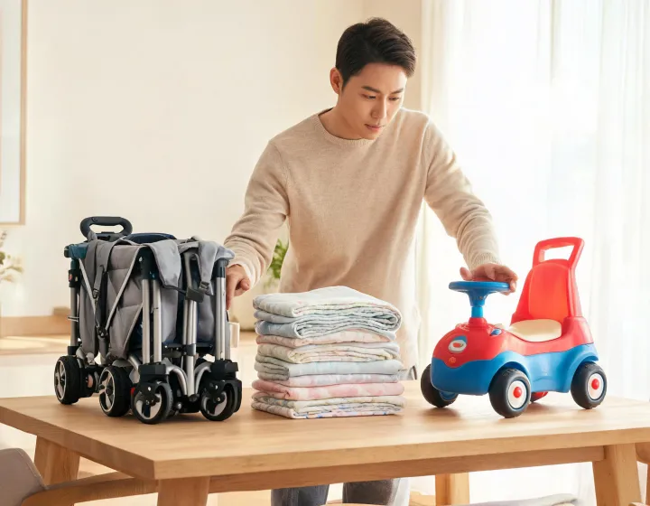 Parent comparing Baby Trend stroller wagon nursery textile and toddler ride-on options