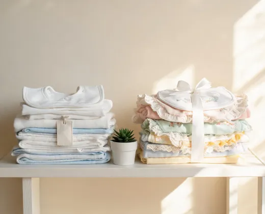 Nursery textile stack sorted by wash and gift use