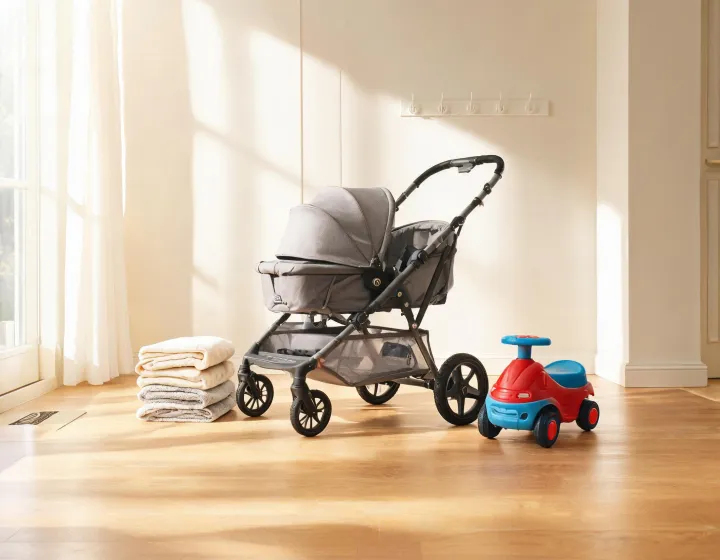 Baby Trend stroller wagon with nursery textiles and ride-on toys in a bright family entryway