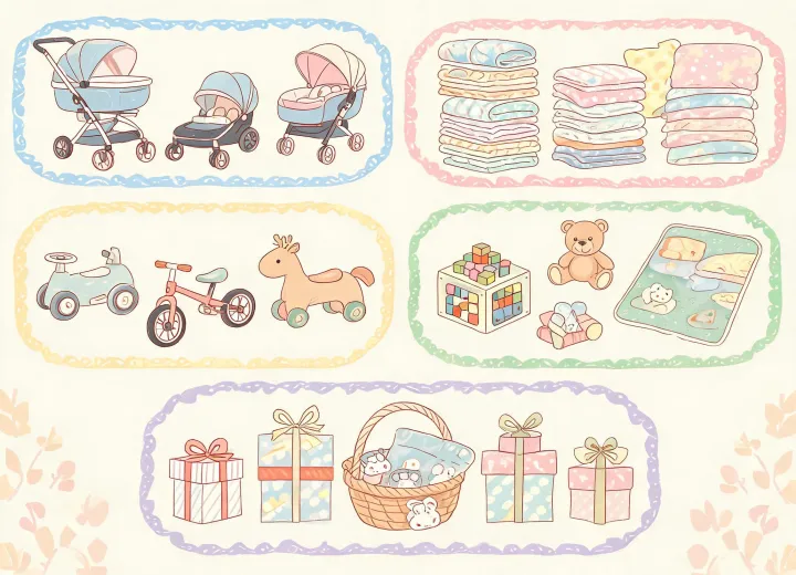 Illustrated family stage map with stroller nursery and ride-on zones